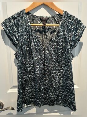 Banana Republic Slate, Teal & White Abstract Cap-Sleeve Silk Blouse
